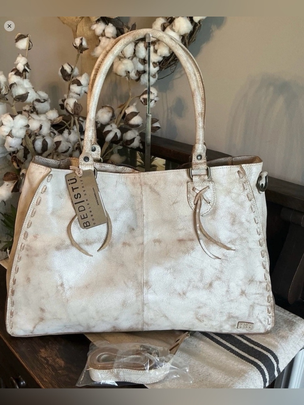 BED|STU Rockaway  Cream & Tan Tie-Dye Leather Tote with Top Handles - Picture 4 of 16